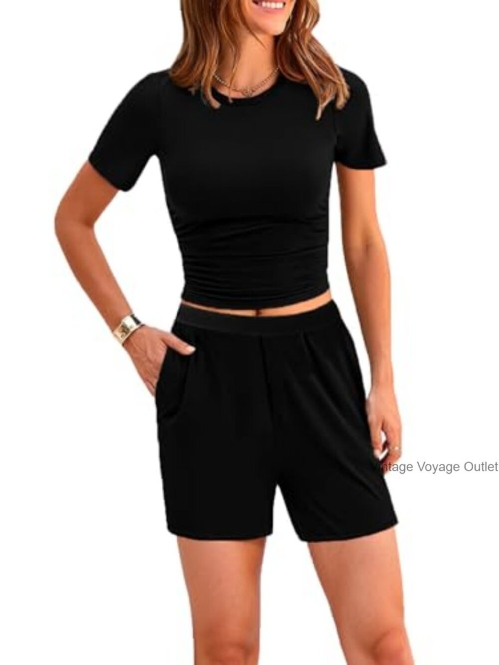 Rayon Blend 2 Piece Lounge Set Short Sleeve Crop Top Wide Leg Pants Casual